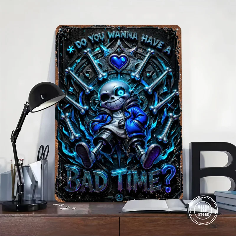 Sans Undertale Bad Time Art Personalized 3D Textured Metal Poster Wall Art Tinplate Sign for Living Room Decoration Wand Deko