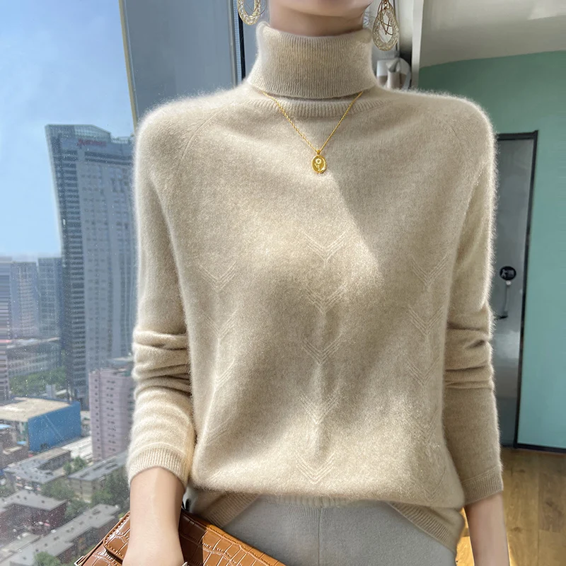 

100% Wool Women High Flip Collar Out Knit Sweater Long Sleeve Casual Solid Female Warm Tops Ladies Sweater