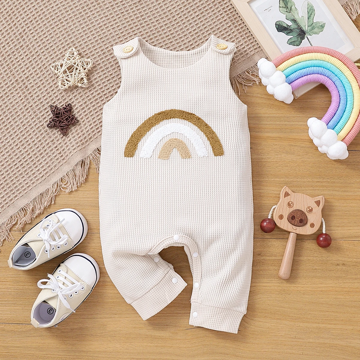 PatPat Baby Boy/Girl Rainbow Embroidered Waffle Tank Jumpsuit