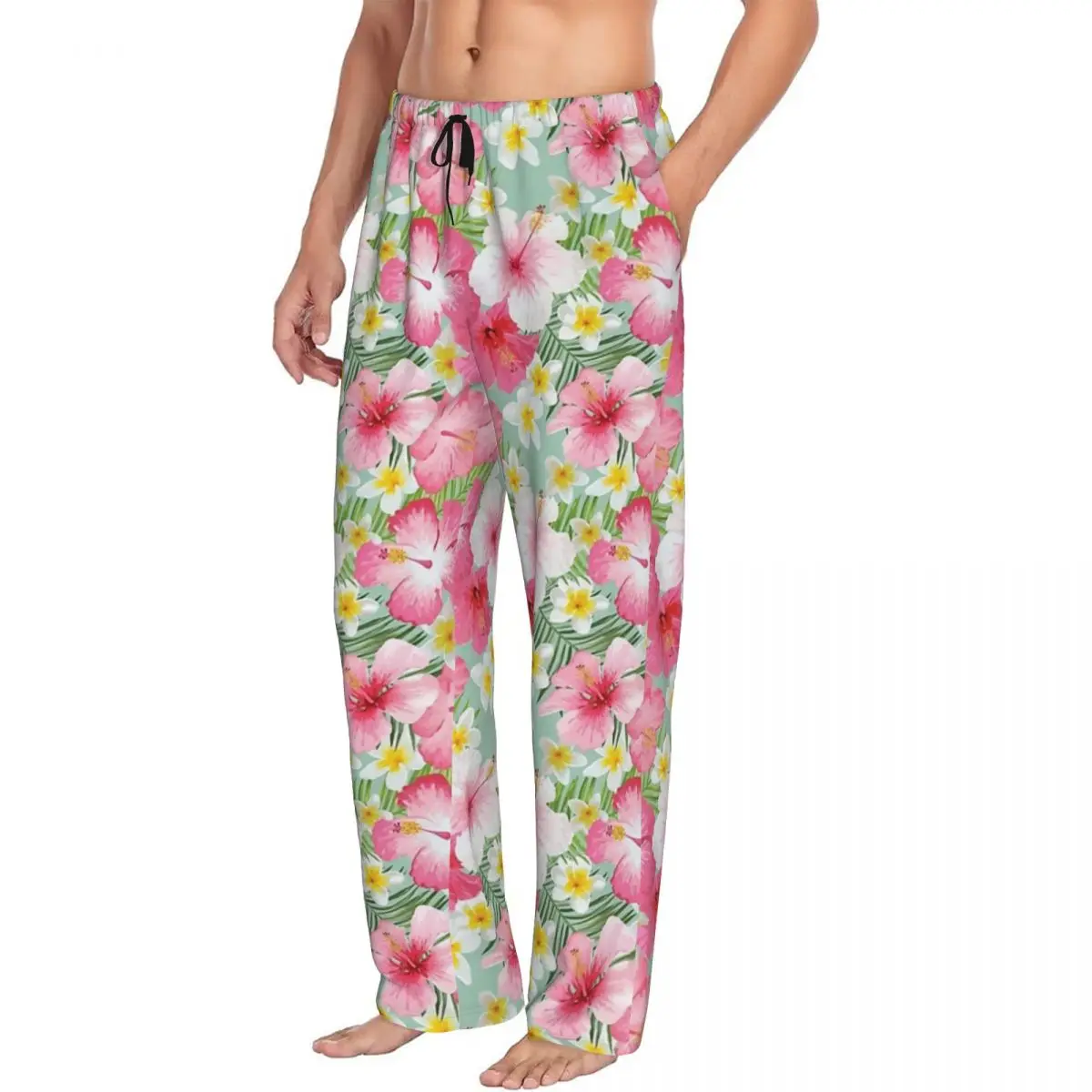 Custom Tropical Hibiscus And Plumeria Flowers Pajama Pants Men Sleepwear Sleep Lounge Bottoms with Pockets