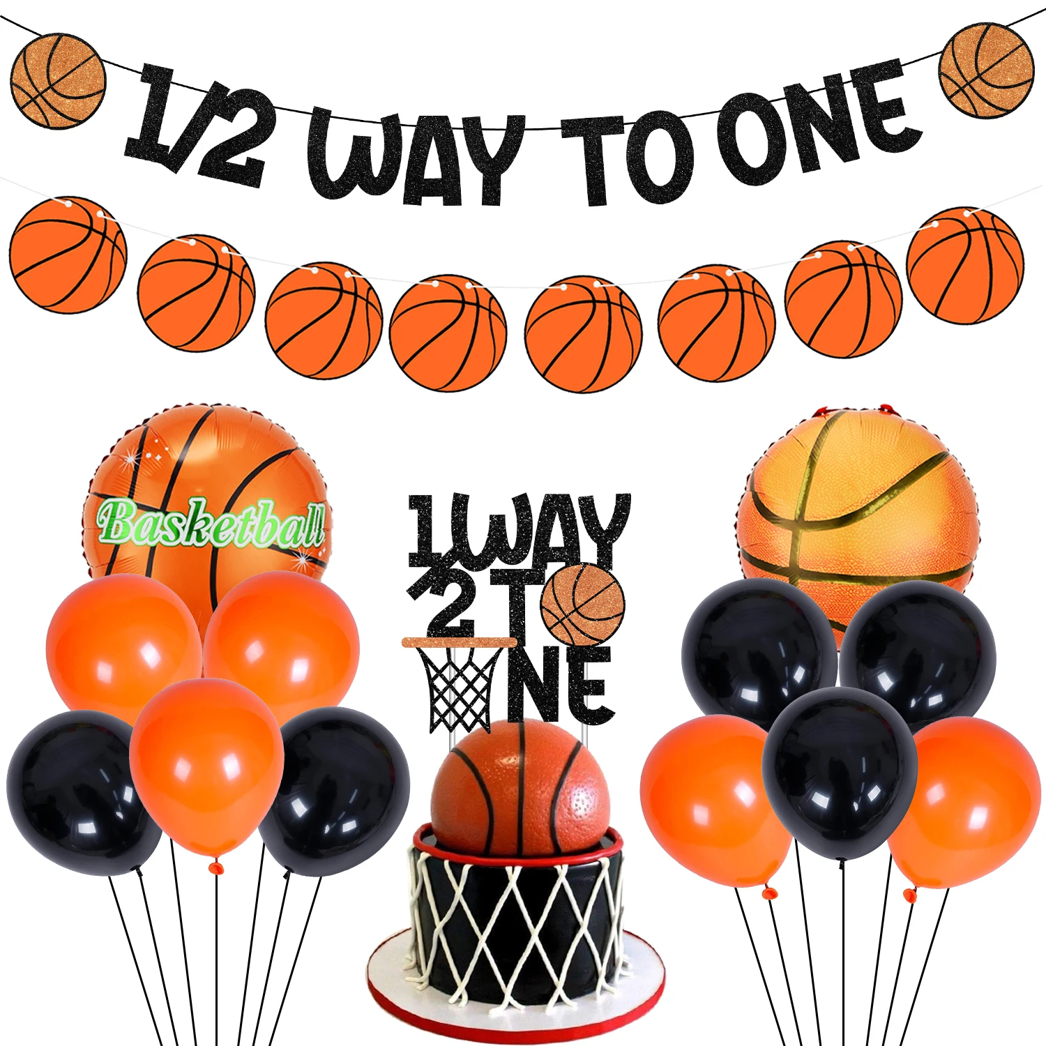 

Basketball Half Birthday Party Decorations for 6 Months Boys Glitter 1/2 Way To One Banner Cake Topper Basketball Foil Balloon