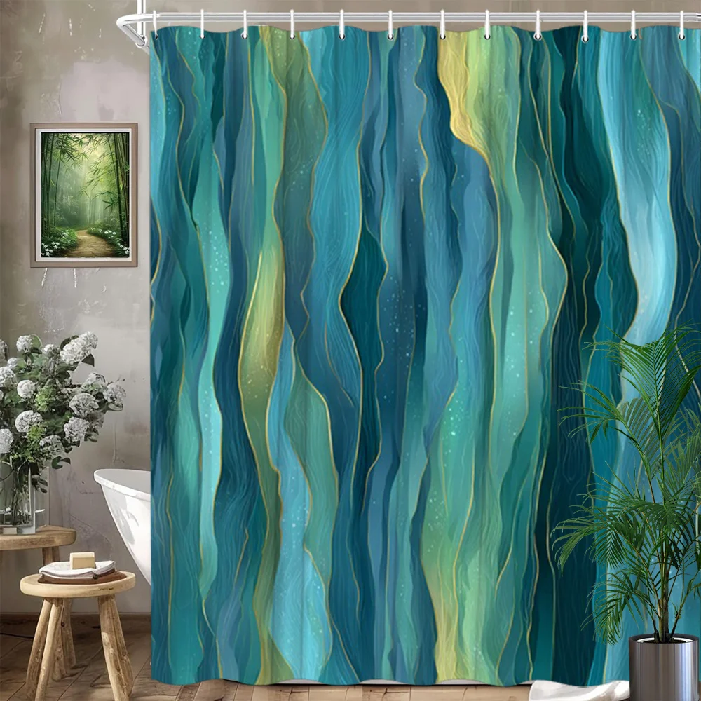 Abstract Ocean Waves Shower Curtain  Blue Teal Green Gradient with Golden Lines, Fluid Art Bath Curtain for Modern Home Decor