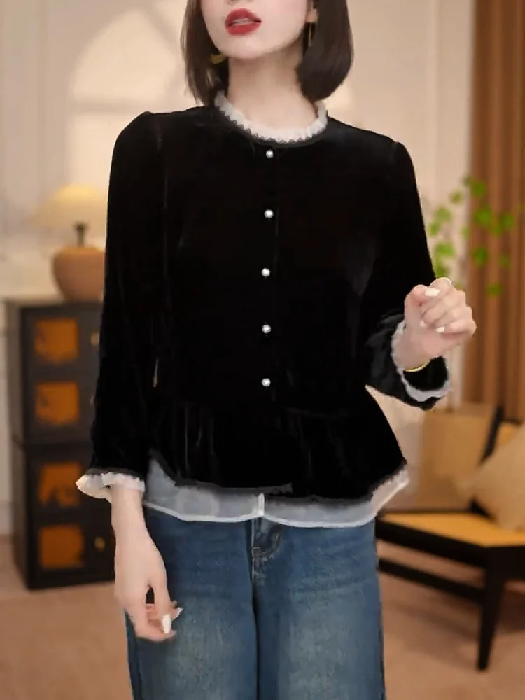 

Элегантный бархатный топ с кружевными вставками, модный, больших размеров, стройнящий, во французском стиле, с круглым вырезом и длинными рукавами, для осеннего сезона