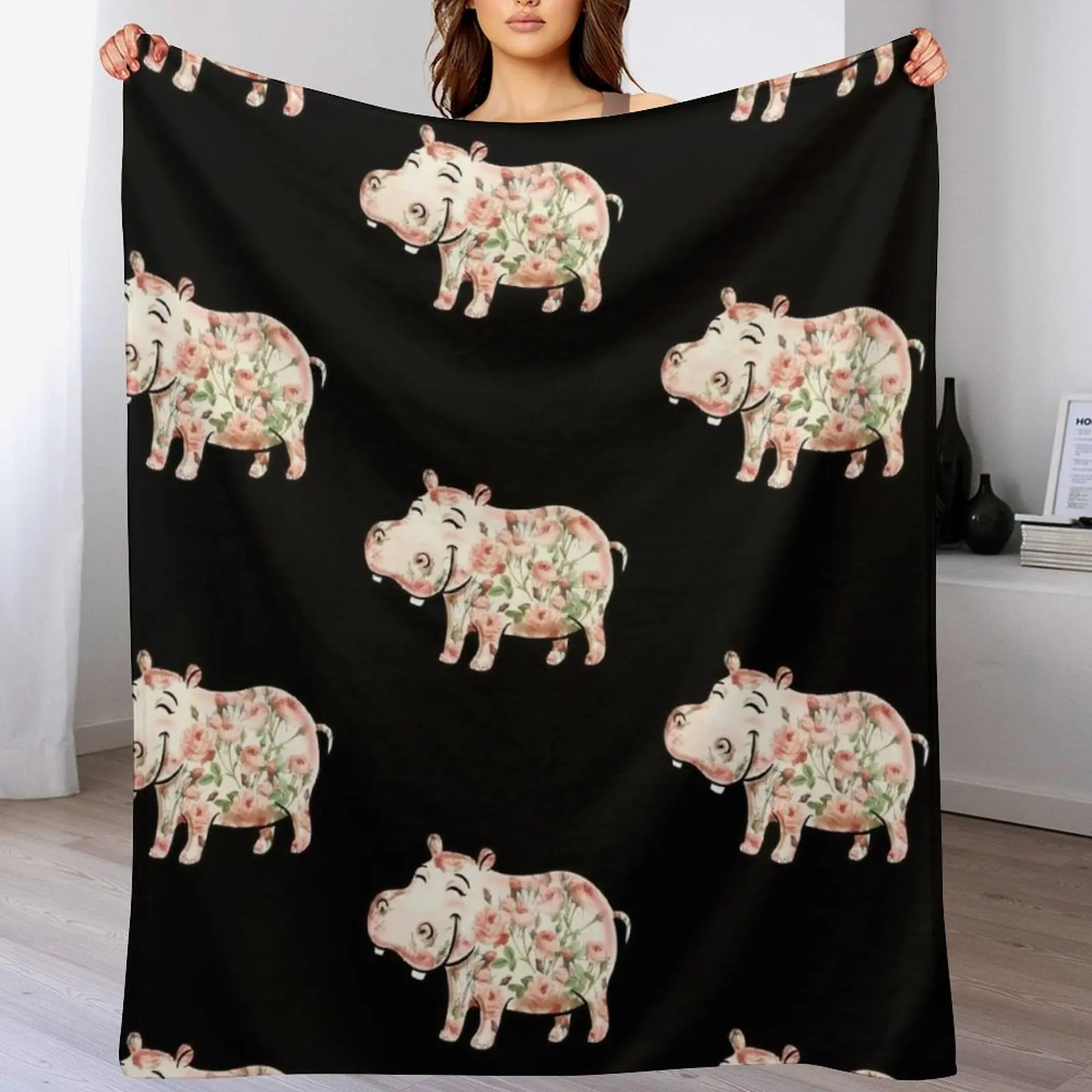 คนรักฮิปโปกุหลาบดอกไม้ฮิปโปโยนผ้าห่มตกแต่งโยนผมสําหรับฤดูหนาวผ้าห่มหนัก