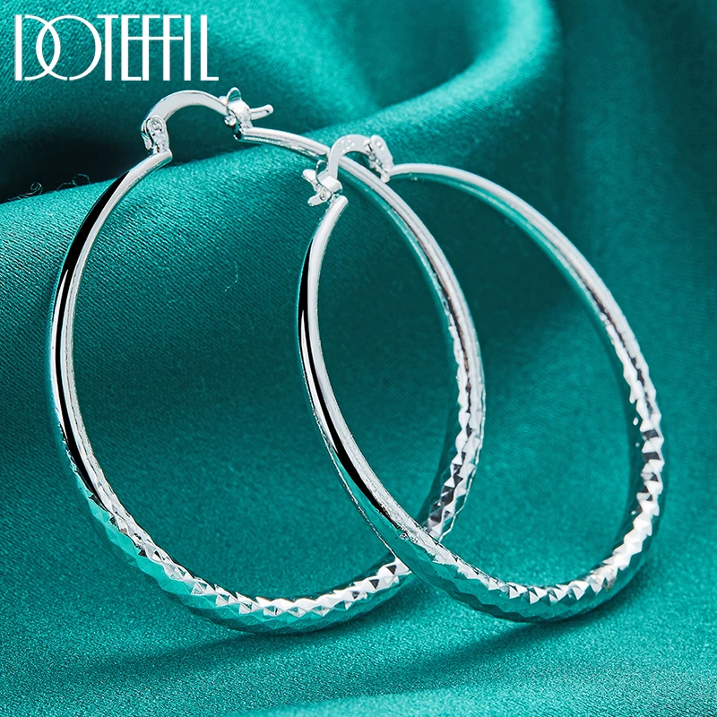 DOTEFFIL 925 Sterling Silver Big Circle 70mm Grain Hoop Earring For Woman Fashion Party Wedding Engagement Party Jewelry