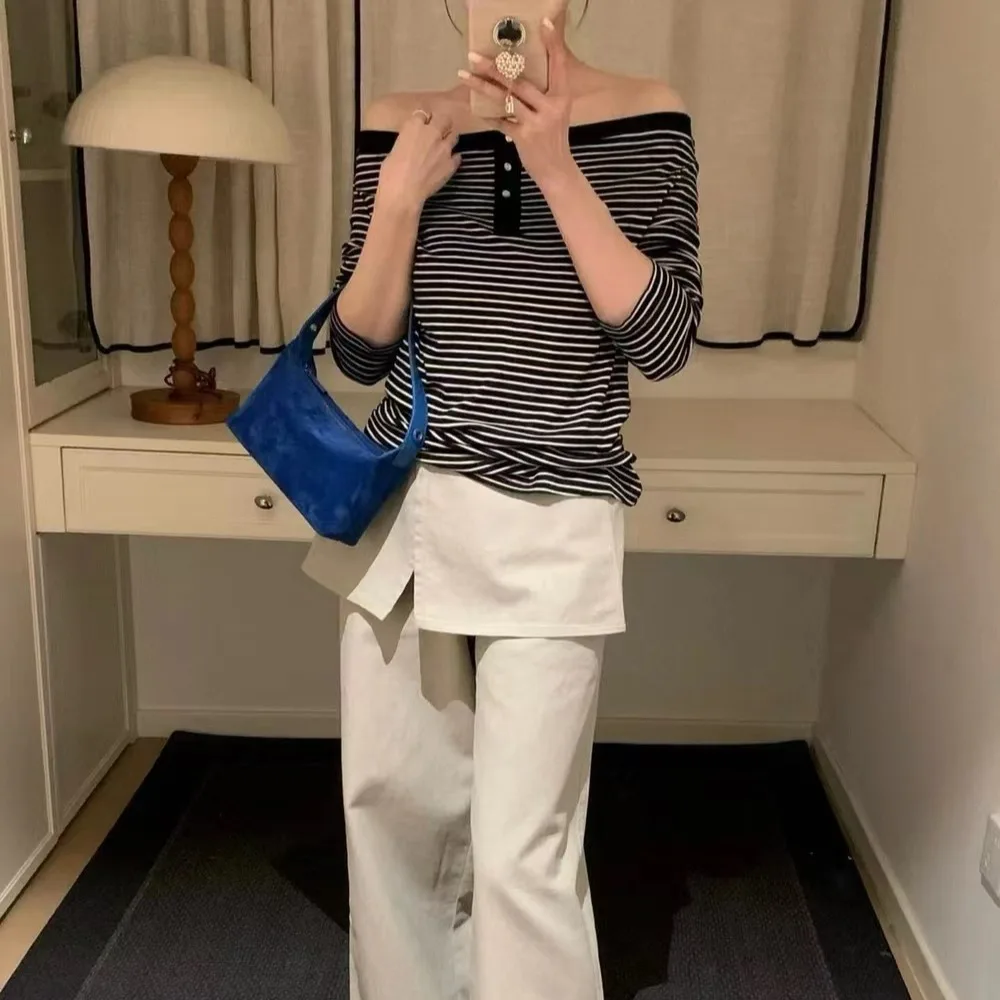 Autumn New Stripe Shoulder Bared Knitted Sweater Casual Style Long Sleeve Regular Length Women's Premium Fashion Top