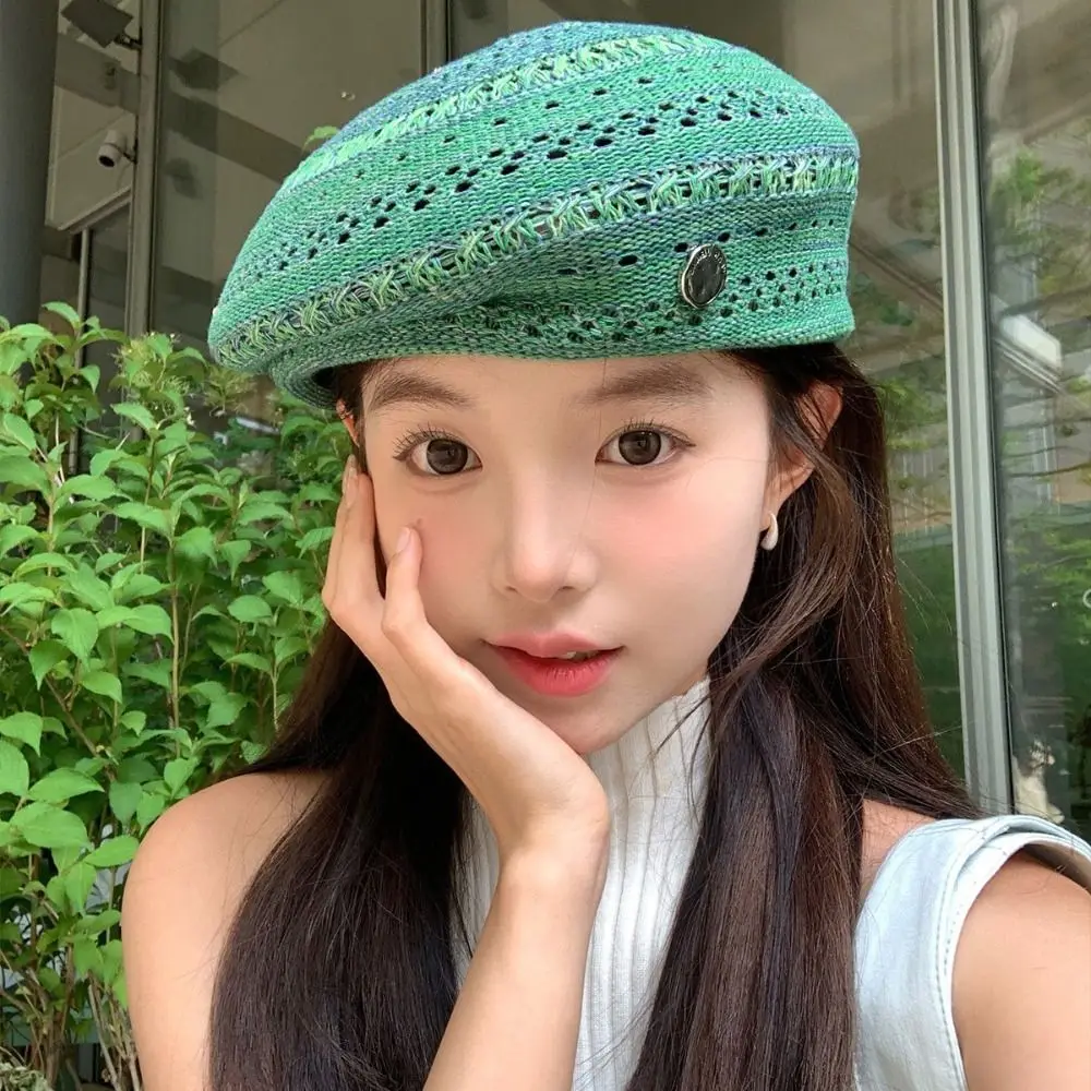 

Japanese Style Hollowed Out Beret Hat Vintage Fashionable Weave Painter Hat Thin Fresh Color Crochet Knitted Cap Summer