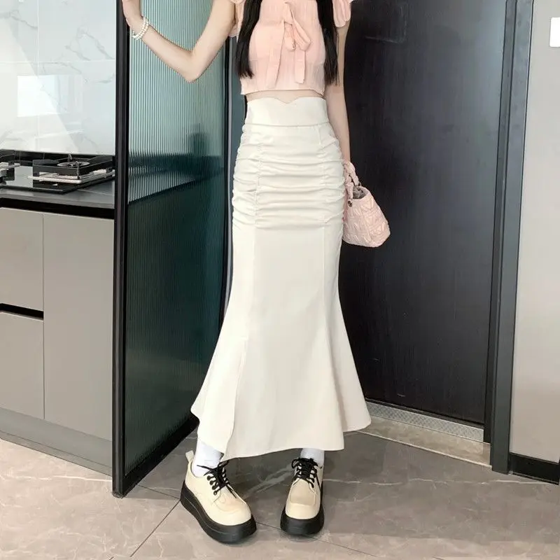 Elegant Bag Hip Mermaid Midi Skirts 2024 Spring Summer High Waist Slim Female Clothing Solid Color Split Stylish Shirring Skirts