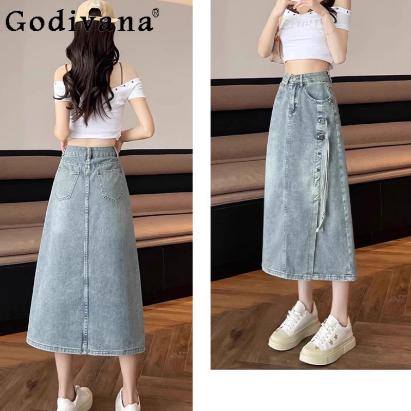 

Large Size 2XL-6XL Fashion Chinese Elegant Korean Split Denim Skirt Girl Summer New Lace-up Loose Age-reducing Versatile Skirts