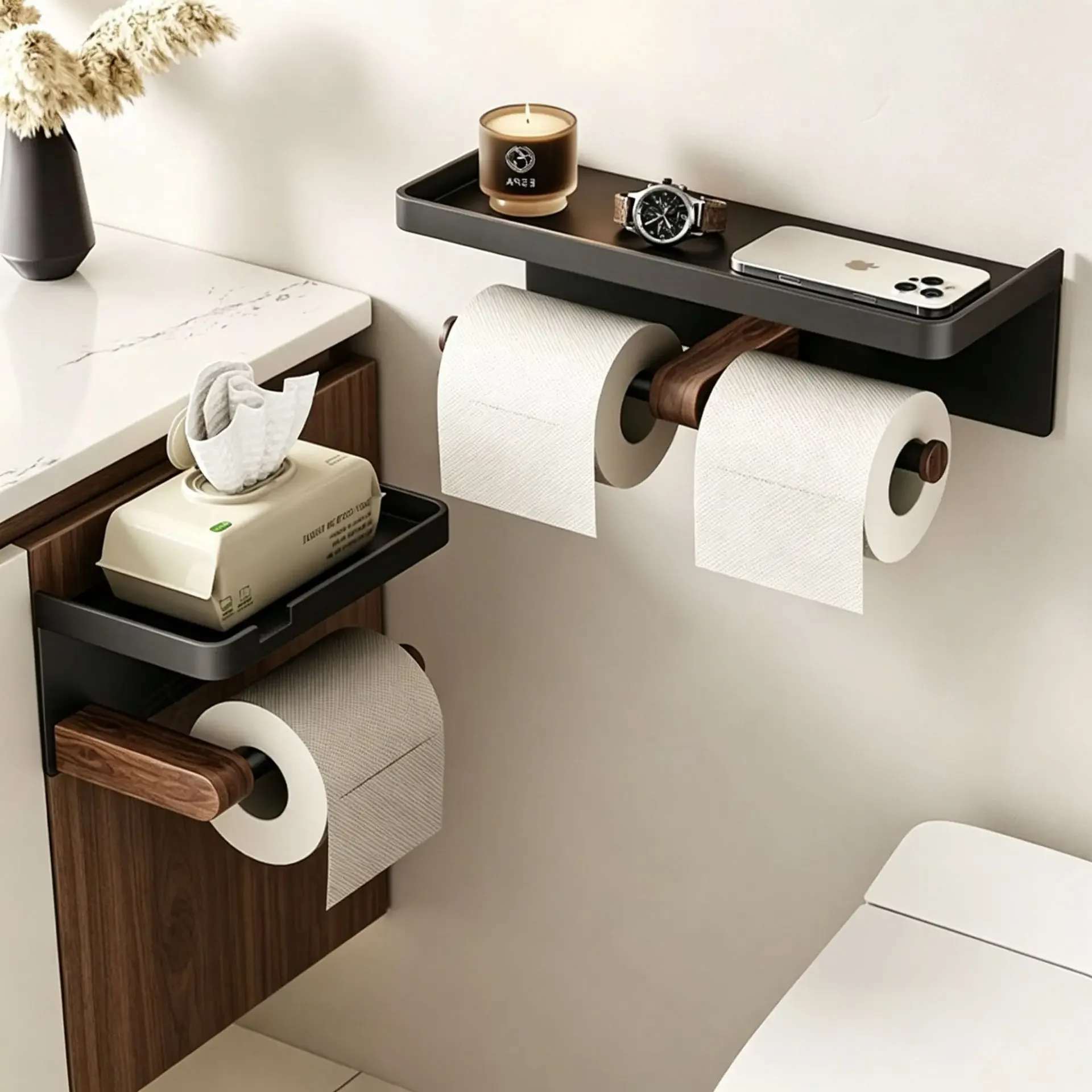 Walnut-finish bathroom tissue holder; storage for face towels; toilet roll holder