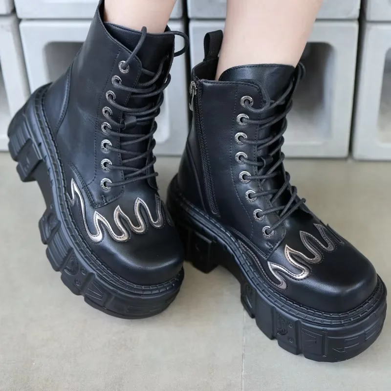 

Женские мотоциклетные ботинки на толстой платформе в стиле Flame Punk, модные ботинки на утолщенной подошве, увеличивающие рост, универсальные, больших размеров, в стиле Knight.