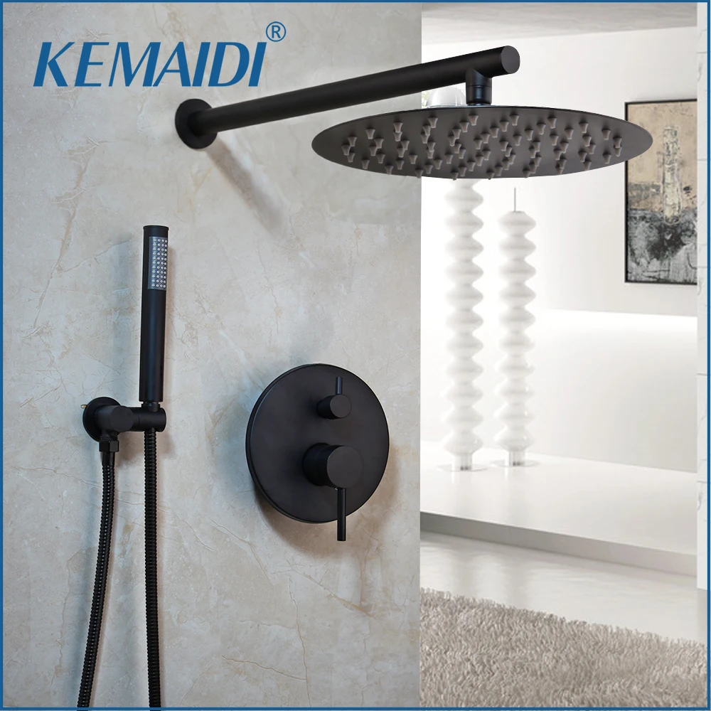 KEMAIDI Ultra-thin Shower Head Black 8 10 12 inch Wall Mounted Bathroom Rainfall faucet Sets Head Hand Shower Set