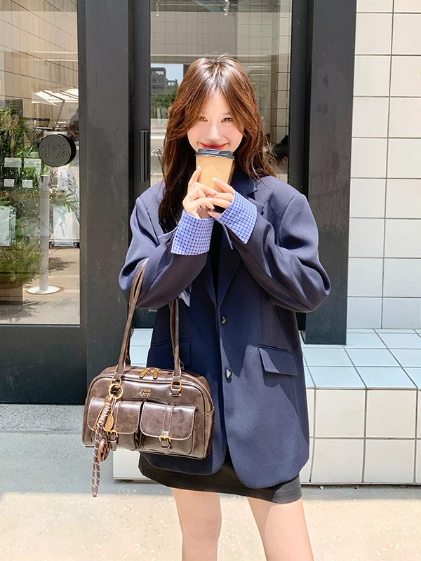 

Casual Plaid Patchwork Women's Jaet Spring Autumn 2025 Faion High-End Versatile Long Sve Stand Fit Single Bu...