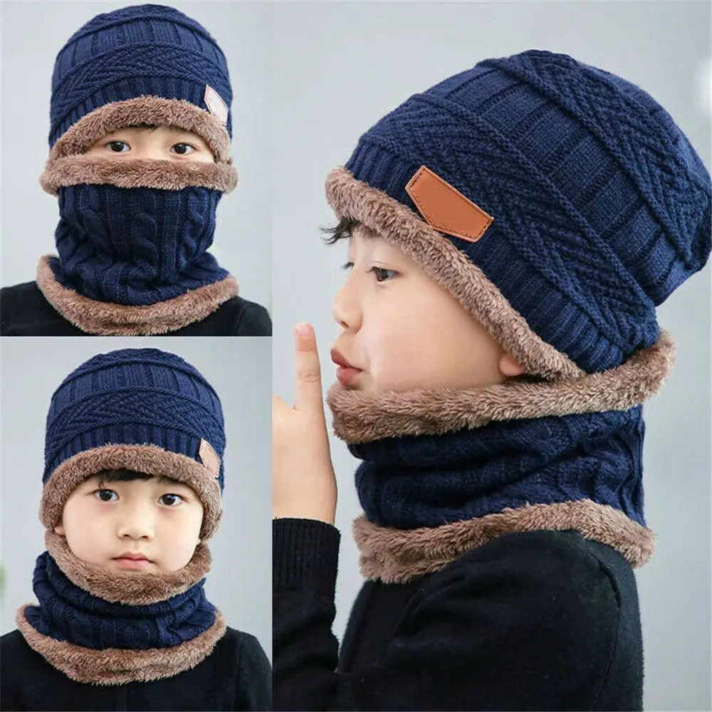 Kids Winter Neck Scarf Cap Set Fashion Beanie Warm Hat Scarf Set Neck Cover Fleece Knitted Thick Ski Cap Warm Balaclava