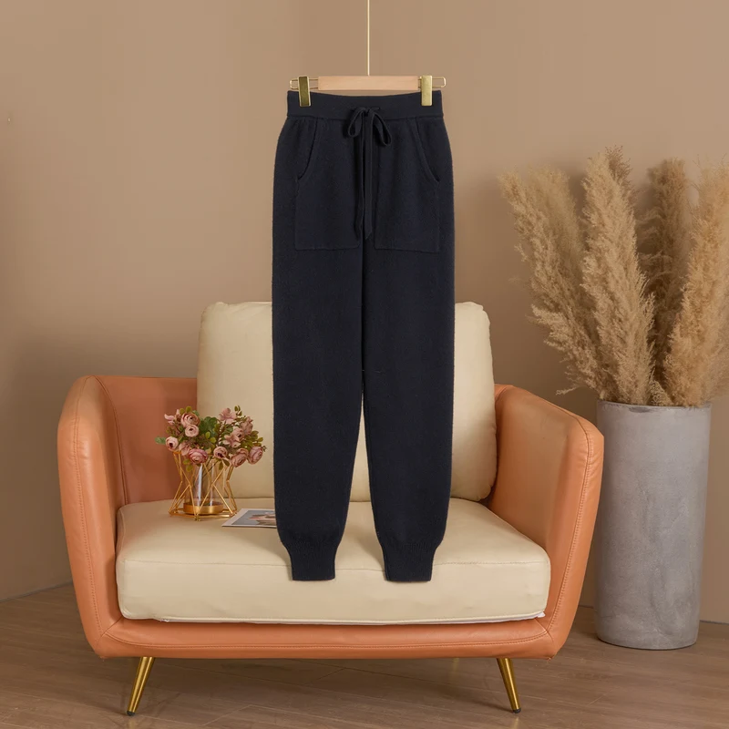 

New 100% Merino Wool Fashion Casual Loose Drawstring Knitted Pants Autumn Winter Women's Wool Pencil Pants Soft Warm Trousers