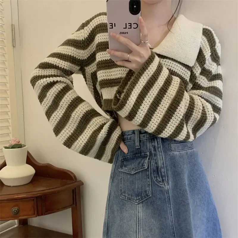 

Striped Contrasting Cardigan Sweater Women's New Design Sense Polo Collar Short Style Spicy Girl Versatile Knit Sweater Top
