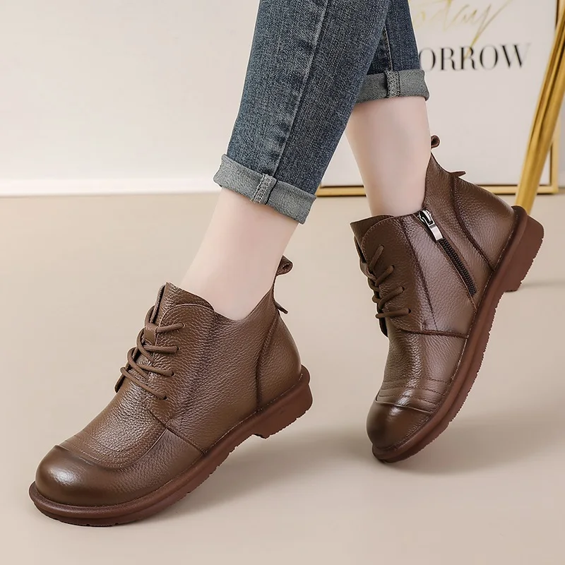 DRKANOL النساء الشقق كعب حذاء من الجلد اليدوية الرجعية الخريف الشتاء جولة تو جلد البقر الحقيقي أفخم الدافئة أحذية بوت قصيرة غير رسمية