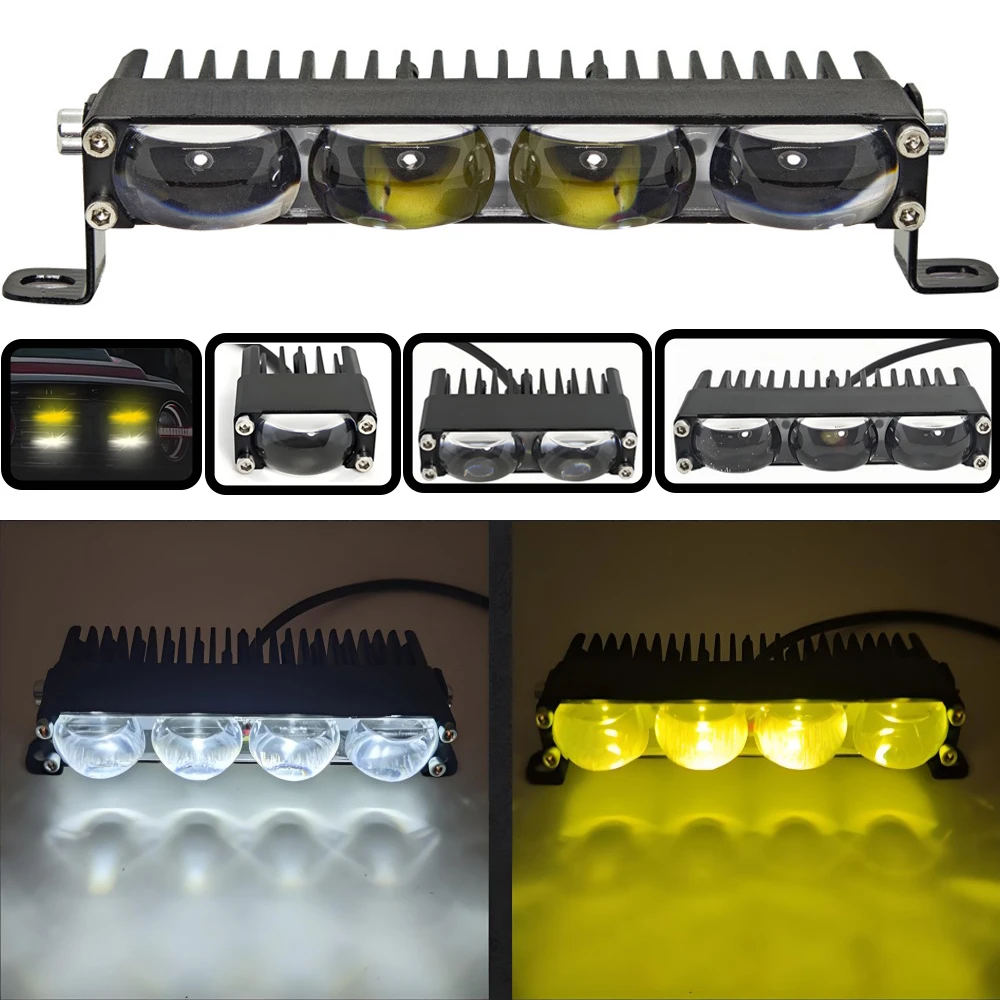 

Двухцветный фонарь дальнего света для мотоцикла, белый/янтарный светодиодный светильник на передней решетке спортивного автомобиля с линзой, водонепроницаемый длинный рядный рабочий фонарь