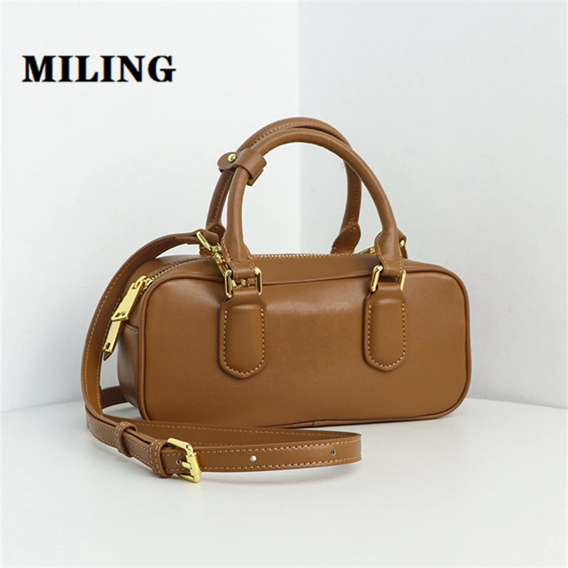 

Women Retro Cow Leather Bowling Bag Vintage Top-handle Small Size Bag Unisex Gold-tone Zip Square Handbag With Shoulder Strap