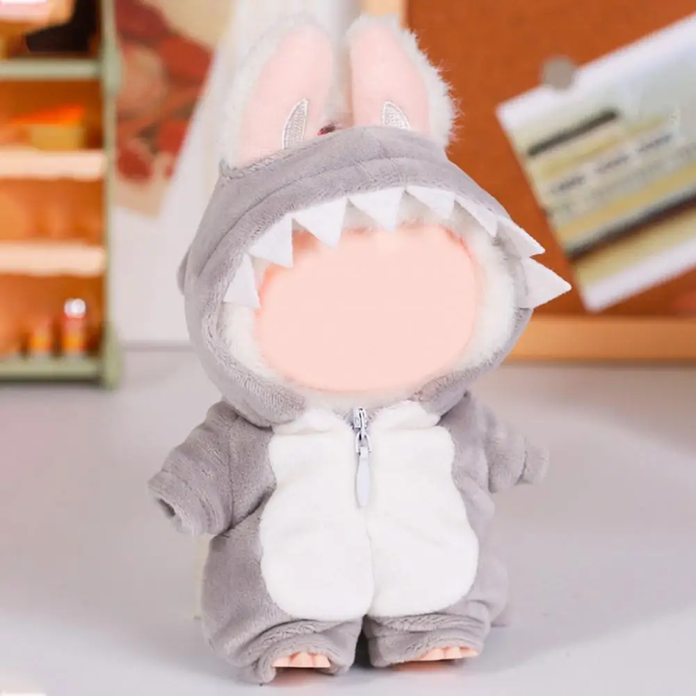 Waschbares Puppenkostüm, Dinosaurier-Kapuzenoverall für 17 cm große Puppen, mehrfarbiges Plüsch-Hauskleidungsset, süßes Cartoon-Puppen-Outfit zum Spielen