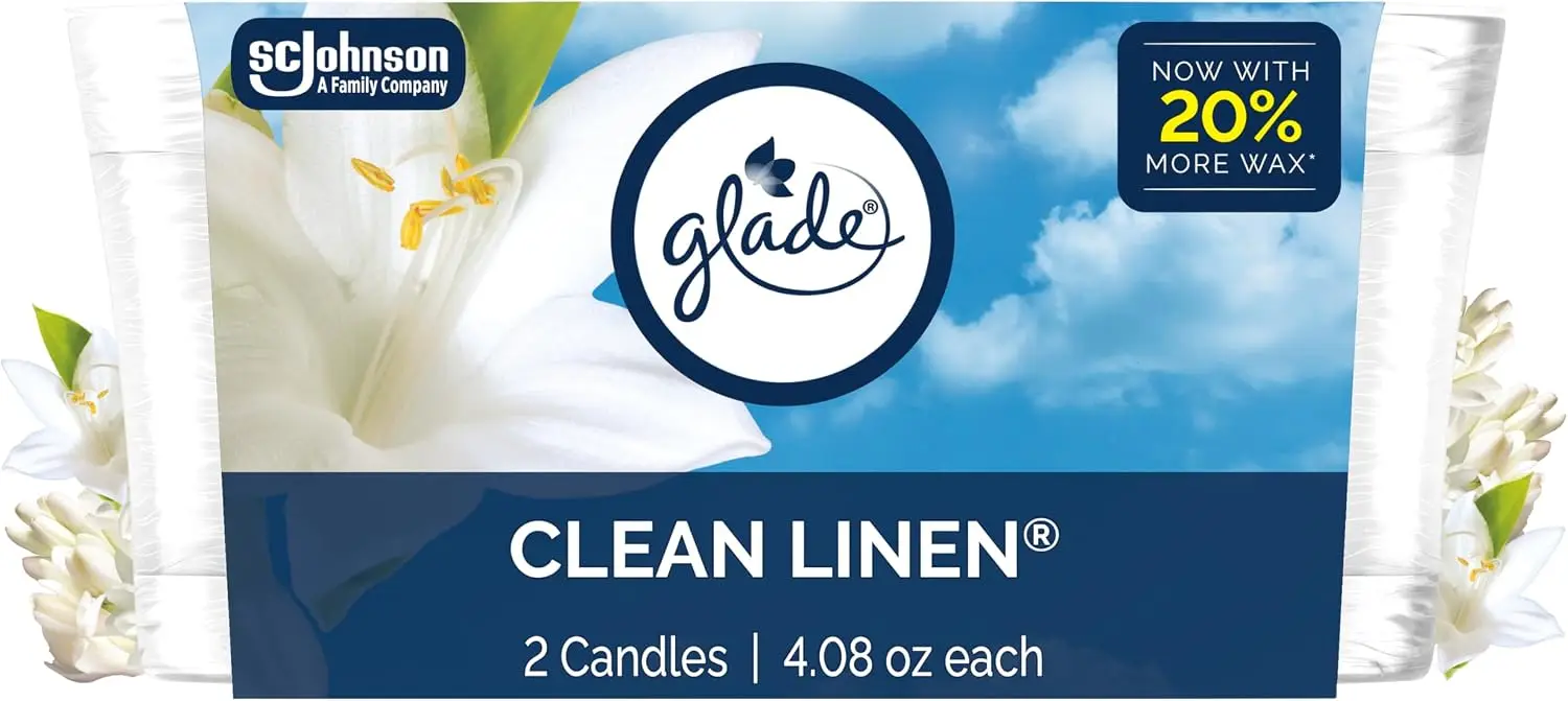 Vela aromática de 1 mecha en frasco, aroma Clean Linen, ambientador con aceites esenciales, 4.08 oz, 2 unidades, velas para mesa de comedor, dormitorio, sala de estar, esenciales para fiestas, adornos decorativos