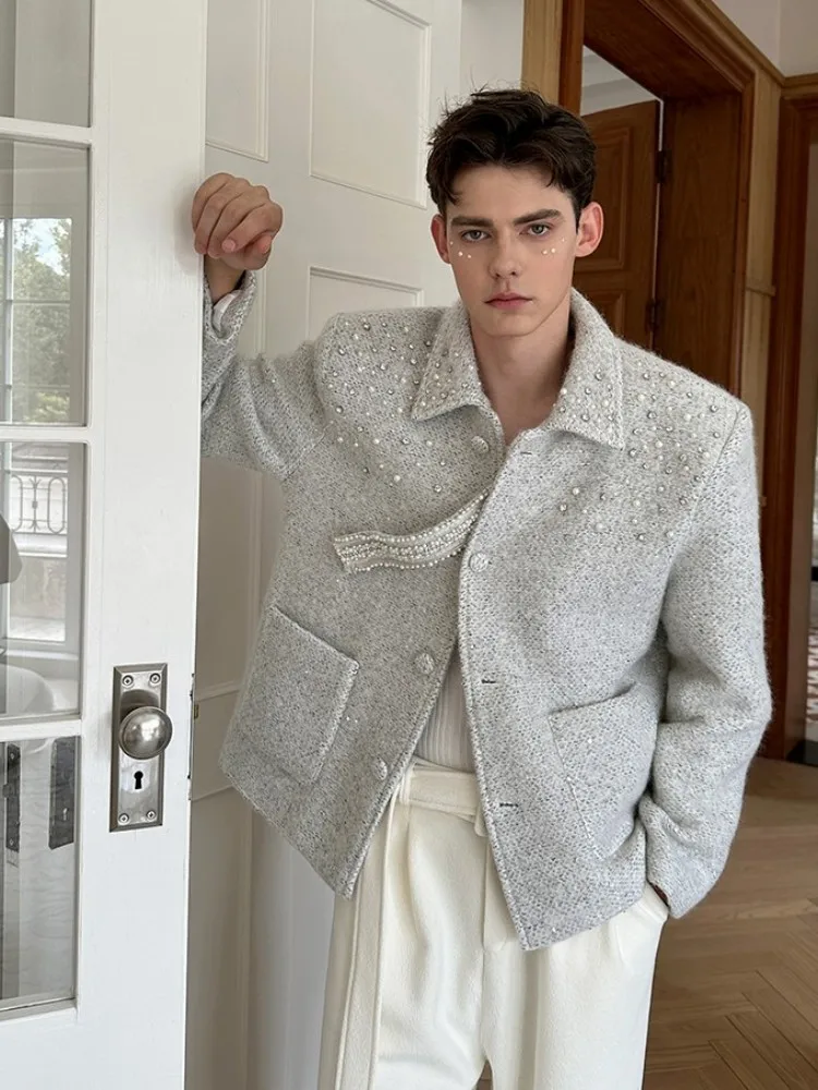 Herren Neue Herbst Winter Mode Woolen Jacke Diamanten Hohe Qualität Designer Bankett Kurzen Mantel Lose Fit Casual Oberbekleidung Männlich