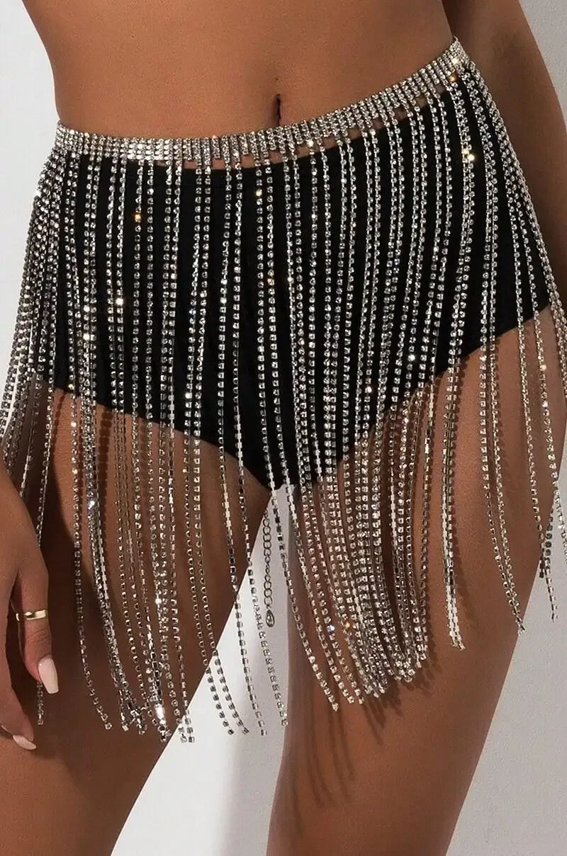 Party Silver Long Full Rhinestone Decor Luksusowy pasek z frędzlami w talii