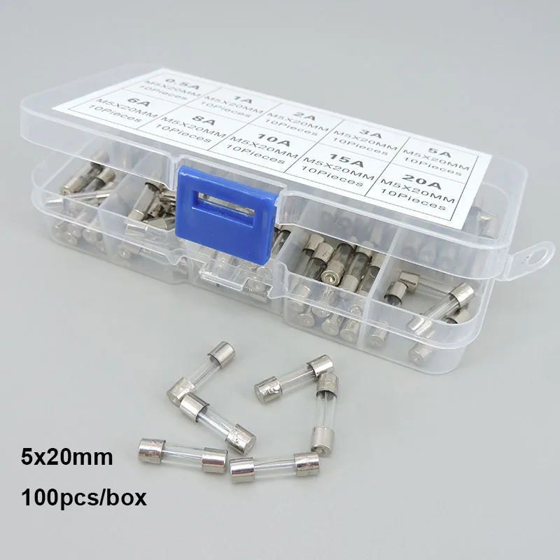 100Pcs/box 5x20mm 2cm Quick Blow Glass Tube Fuse Assorted Kits Fast-blow Fuses 5x20 0.5A 1A 2A 3A 5A 6A 8A 10A 15A 20A r1