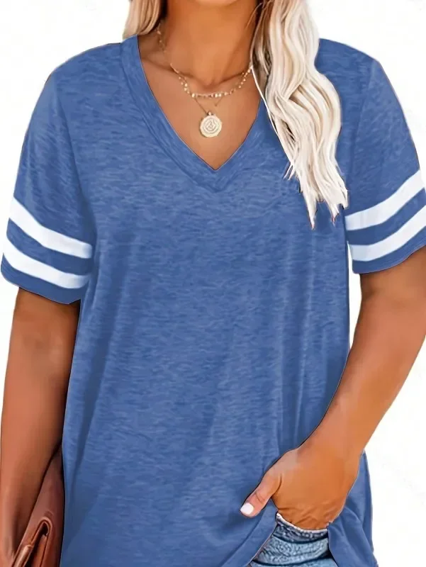 Frauen Mode Plus Größe V-ausschnitt Sommer Farbe Blockiert T-shirt Sommer Lose Top Kurzarm Casual T-shirt 1XL-8XL – Detail 7