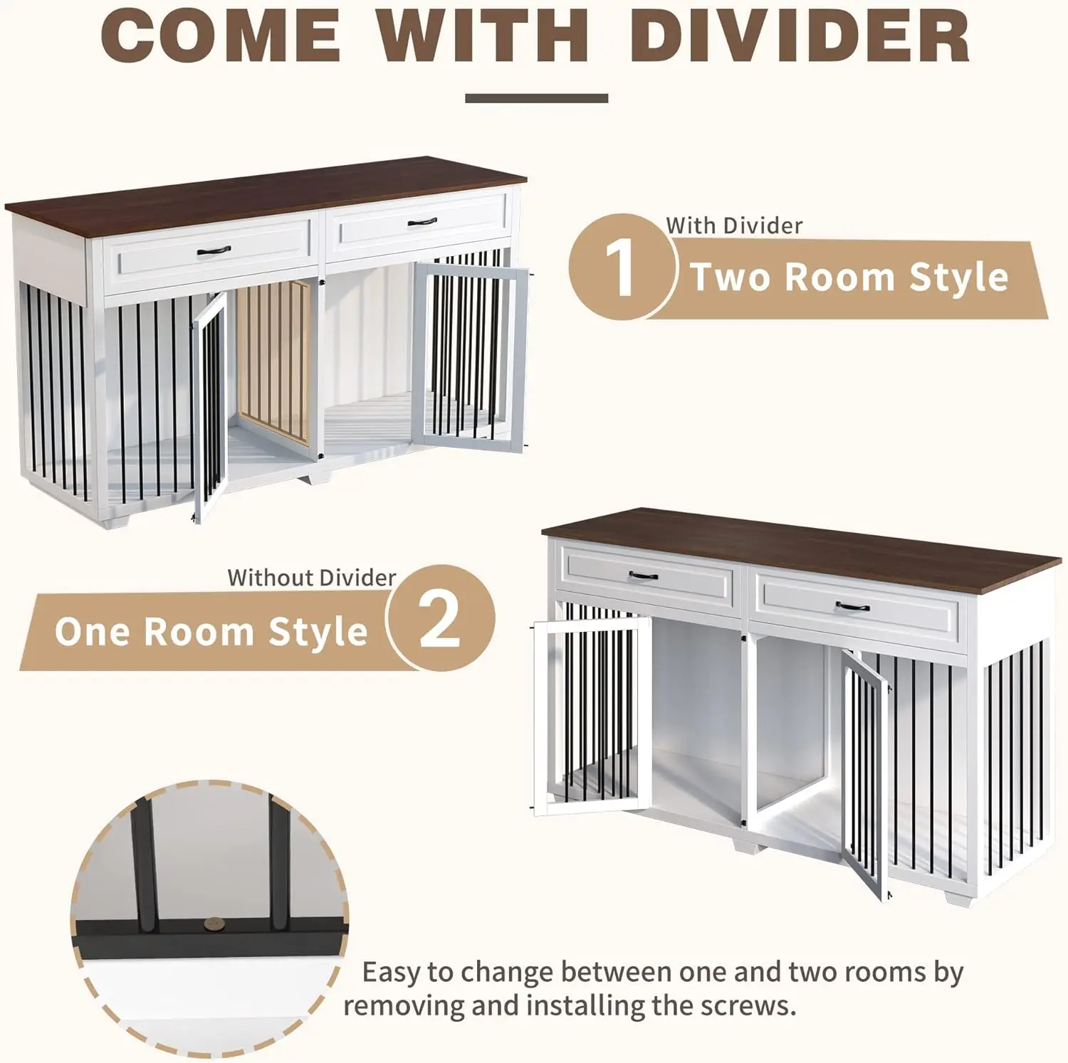 أثاث صندوق الكلاب، بيت خشبي مقاس 72.4 بوصة مع درجين ومقسمين، أثاث قفص صناديق الكلاب شديدة التحمل مقاس XXL