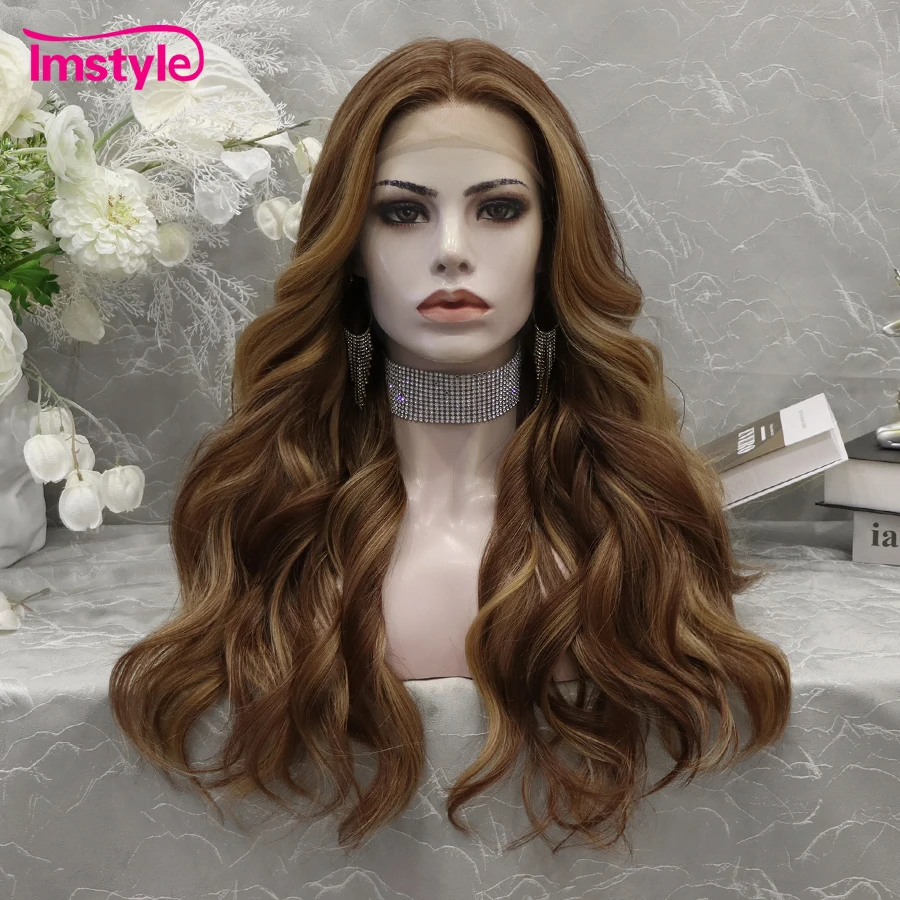 Imstyle-peluca sintética con malla frontal para mujer, postizo de fibra resistente al calor, ondulado Natural, color marrón