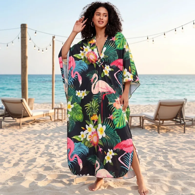 Quick Dry Ladies Flamingo Pattern Beach Cover Up Loose Fit Plus Size Kaftan Breathable Woven Front Design Sun Protective Blouse