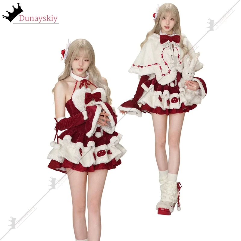 ฤดูหนาวY2K Kawaii Lolitaชุดคอสเพลย์เครื่องแต่งกายผู้หญิงโบว์ผ้าคลุมไหล่แจ็คเก็ตสั้น2025คริสต์มาสปีใหม่ชุดสูท