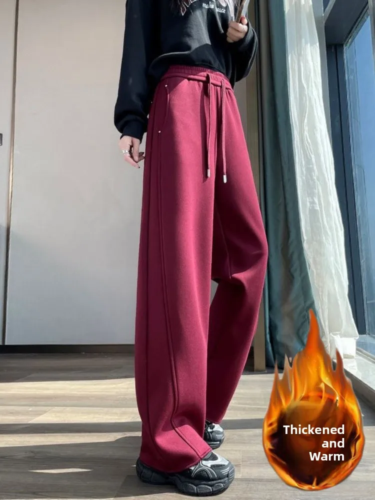 ラムベルベット レディース 冬 ストレートレッグ ワイドレッグパンツ 裏起毛 アウター コットンパンツ ブラック スリムフィット バナナパンツ