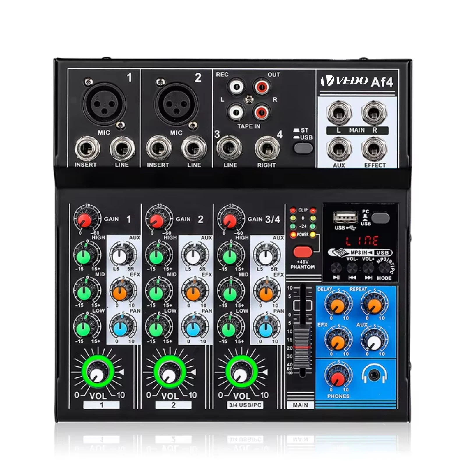 VEDO AF4 Mixer Analog Mixer Merged Digital Sound Card 4 Channels Personalized Function Settings Analog Mixing Console For Live