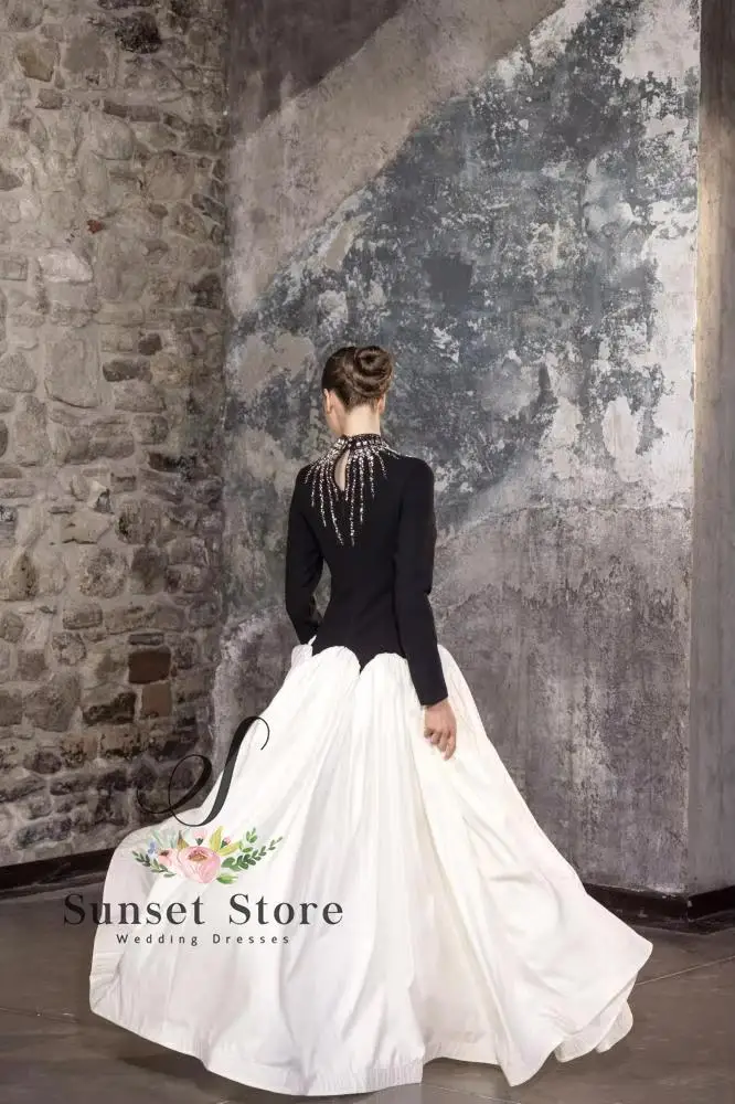 Customized  Modest Black and White Evening Dress Long Sleeve High Neck with Beading A-Line Formal Gown for Wedding