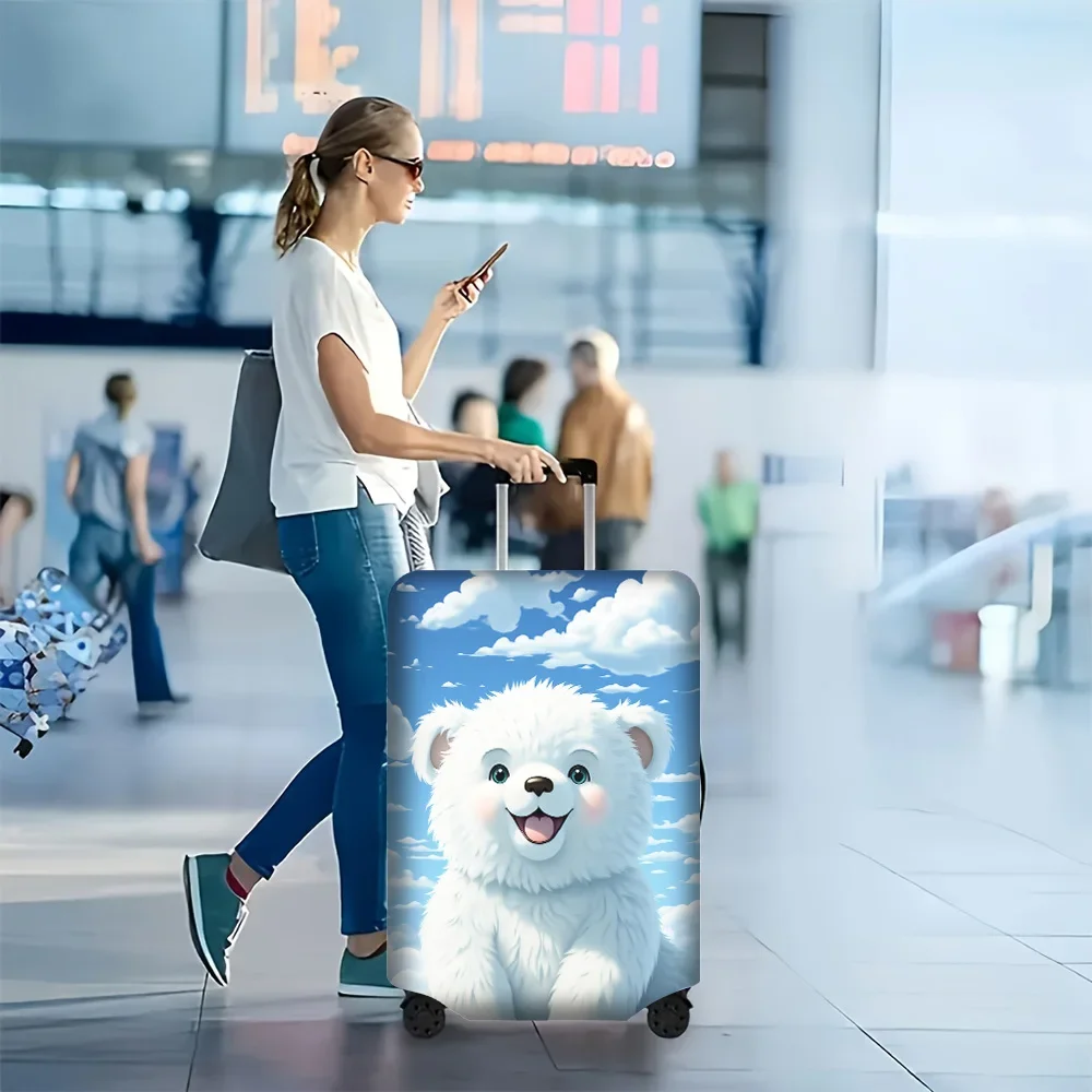 1PC white luggage cover with a bear design, fits suitcases 18–32 inches in size; dust-proof, stretchy travel accessory