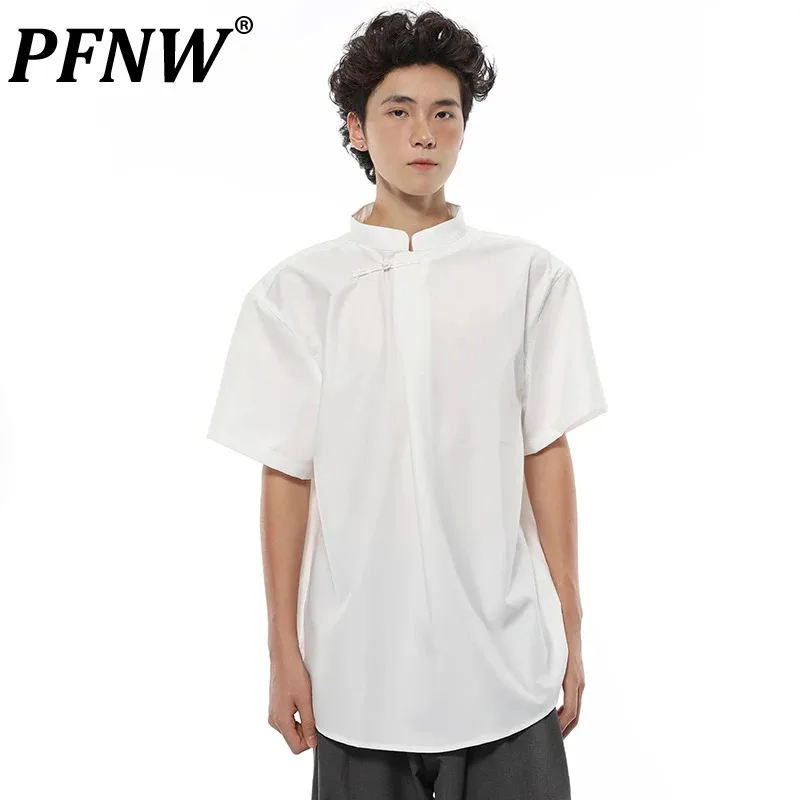 

PFNW Chinese Style Male Stand Collar Shirts Knot Button Solid Color Short Sleeve Shirt Loose Men's Tops Summer 2024 Chic 28W3935