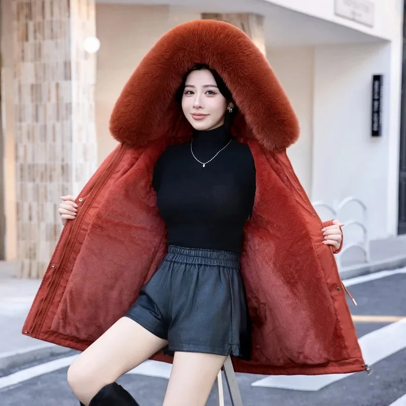 Women Parka Fashion Long Coat Wool Liner Hooded Parkas 2024 New Winter Jacket Slim with Fur Collar Warm Snow Wear Padded Clothes