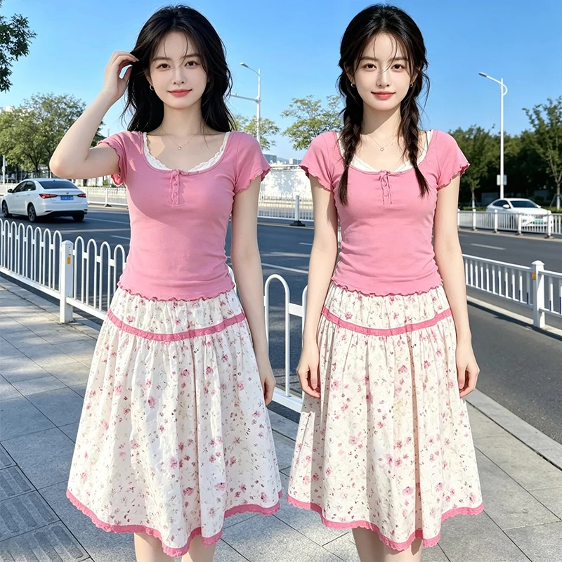 

Summer Short Sleeve Gentle Pink T-shirt Dress Sets for Women Slim Fit and Slimming Tops Paired with Contrasting Floral Skirts