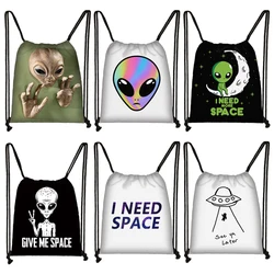 Funny Alien UFO Print Backpacks Space Creature Drawstring Storage Bag Large Capacity Shoulder Bags Casual Daypack Shoes Holder