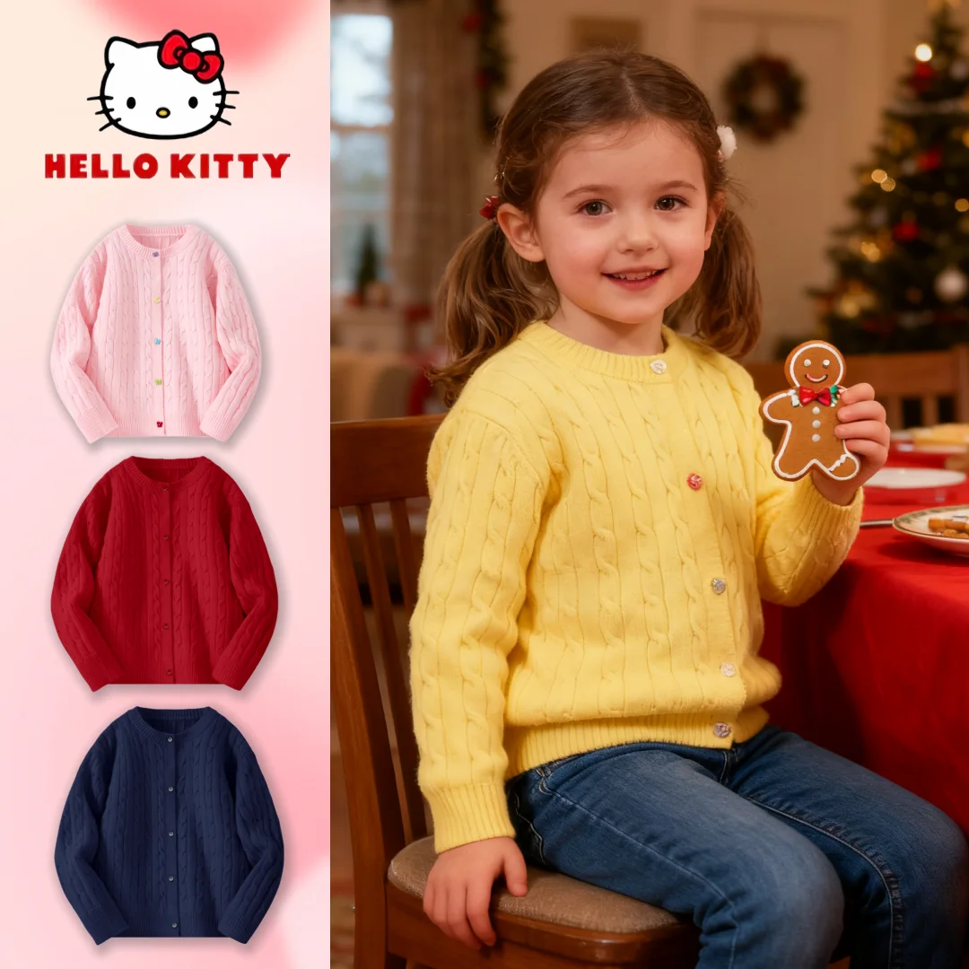 

Hello Kitty Kids Trendy Cardigan Sweater Girls Autumn Winter Warm-keeping Knit Outerwear Plush Material Windproof Sweater Jacket