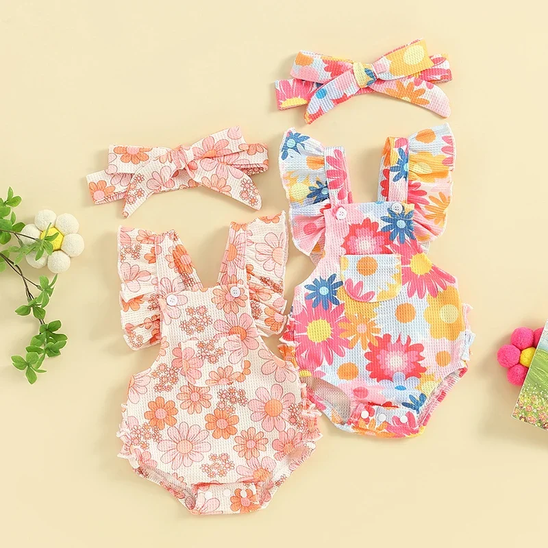 

Summer Newborn Infant Baby Girls Rompers Baby Cotton Clothes Infant Flower Print Playsuit Jumpsuit with Hairband Baby Clothing