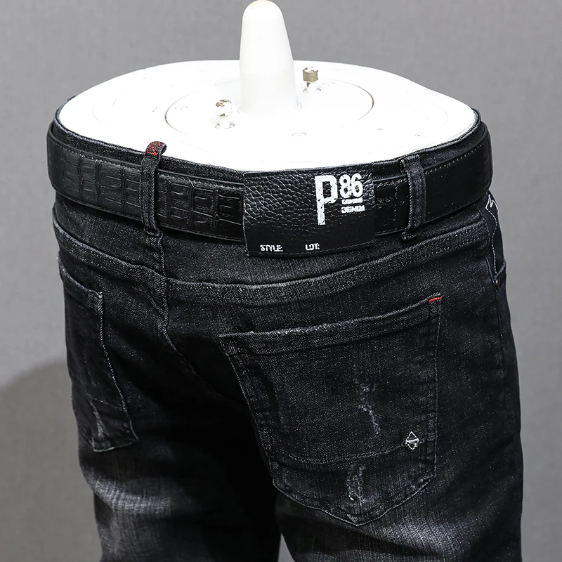 Street Designer Fashion Men Jeans Retro Black Gray Stretch Slim Fit Ripped Jeans Men Vintage Y2K Denim Pants Hombre