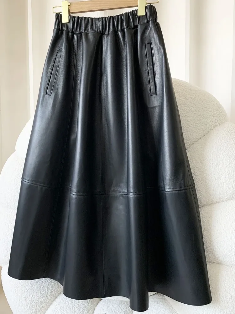 Office Ladies Pockets Genuine Leather Fashion Mid Length Skirt Solid Color Sheepskin Elasitc Waist Comfortable A-Line Skirts