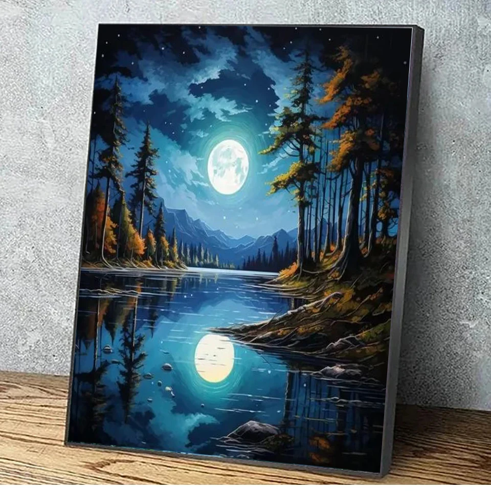 Forest Moonlight Reflection Lake 5D Diamond Painting Full Square Round Diy Diamond Mosaic Art Natural View Home Decor