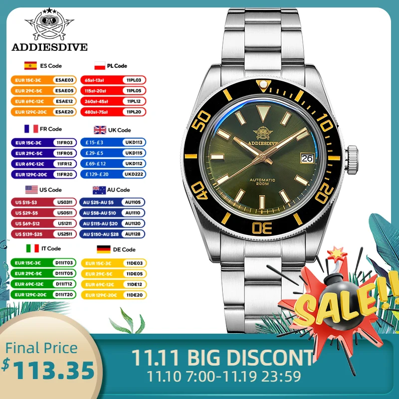 Reloj de buceo ADDIESDIVE, reloj mecánico automático NH35 luminoso resistente al agua con revestimiento AR de zafiro de lujo para negocios, 200m, nuevo AD2084