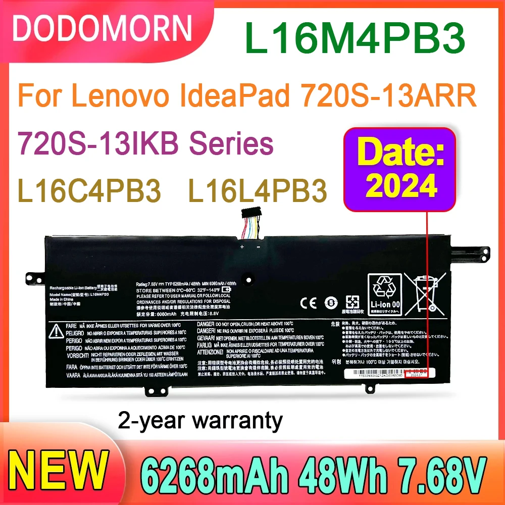 DODOMORN L16M4PB3 Laptop Battery For Lenovo IdeaPad 720S-13ARR 720S-13IKB L16L4PB3 L16C4PB3 Replace Parts 48Wh 2-year warranty