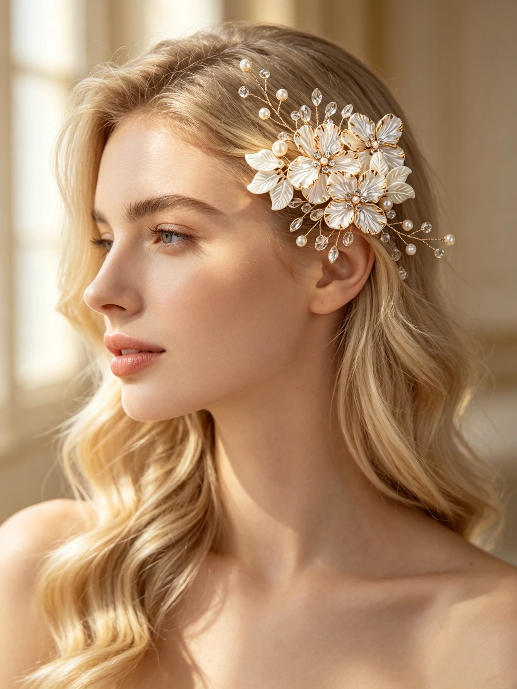Bridal Flower Pearl Crystal Hairpin, Gold-Edged Floral Hair Accessory, Wedding Evening Dress Side Hair Ornament, Wedding Dress Accessory
