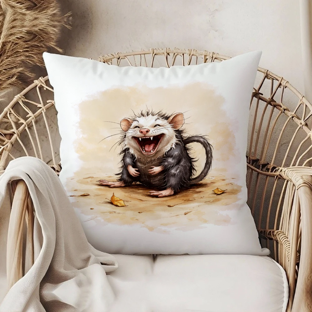 Cushion Cover White Cartoon Rat With Laughing Expression And Autumn Leaves Print For Living Room Or Bedroom Decor